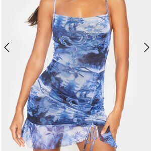 PLT, Blue Mesh Dragon Print Ruched Bodycon Dress (NWT)